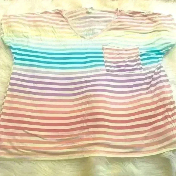 Bibi Size Medium Rainbow Striped Tee With Front Pocket - Picture 1 of 5